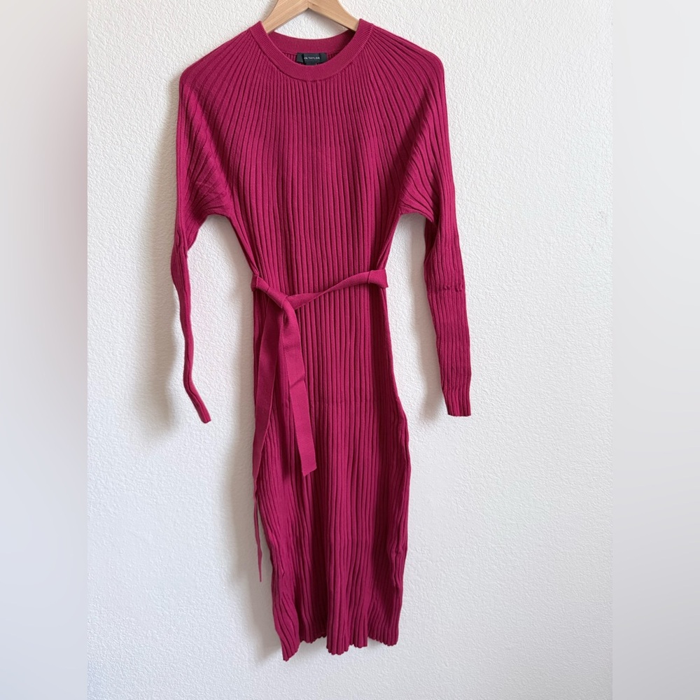 Ann Taylor Magenta Ribbed Knit Dress | Belted | Long Sleeve | Size L